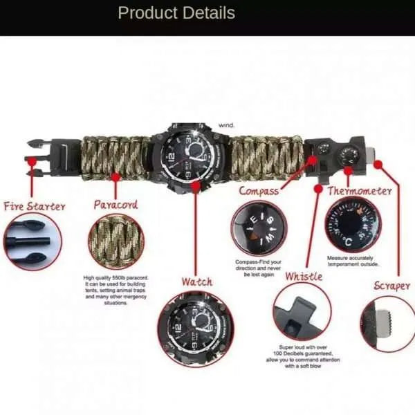 YUZEX SURVIVAL WATCH, 6 IN 1 PARACORD BRACELET COMPASS WATCH